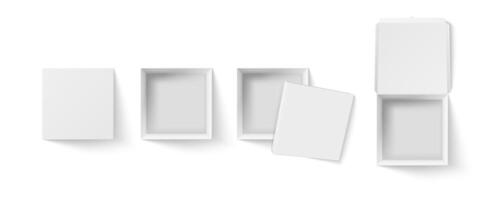 Square box top view mockup. Empty package, white paper gift boxes and pizza packaging realistic 3D vector illustration set. Open and closed parcel containers, carton packings cliparts collection