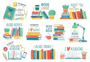 Reading books. Stack of library books with hand drawn lettering, open or closed textbooks, reading concept vector illustration icons set