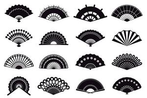 Hand fans silhouette. Asian traditional paper folding hand fans, graphic monochrome oriental paper folding fans vector illustration icons set