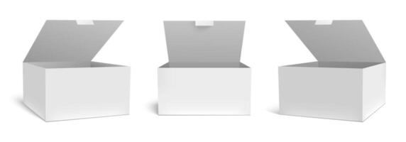 Realistic open box mockup. White packaging gift boxes, opened package and empty rectangular packages vector template set. Square carton parcel container, medical case cardboard cliparts collection