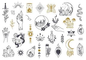 Witch magic symbols. Doodle esoteric, boho mystical hand drawn elements, magic witchcraft crystal, eyes, moon vector illustration icons set