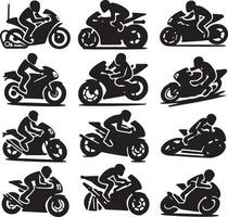 minimal Set of moto gp rider pose vector icon in flat style black color silhouette, white background 3