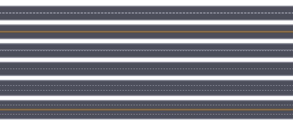 Tow view road. Highway horizontal asphalt marked roads, urban street straight roadway marking vector illustration set