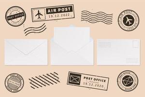 Envelope template with stamp label. Mail letter and post stamps, open mail envelope with blank paper letter sheet, mail office business mockups vector illustration set. Postage mark. Permit imprints