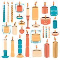 Burning candles. Wax aromatic candles in candlesticks, holders and glass. Cute hand drawn hygge interior decorations vector illustration set