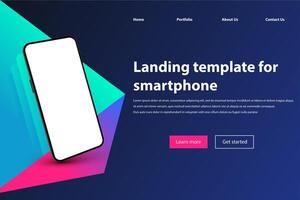 Mobile app landing page mockup. Black smartphone, mobile phone perspective view and smartphones screen realistic 3d vector template illustration. Phone with blank touchscreen