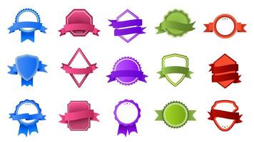 Retro badges with ribbon banners. Vintage color label, stamp frame and modern badge flat vector set. Collection of colorful logos on white background. Logotypes design with banderole