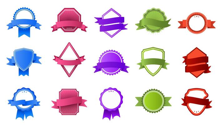 Retro badges with ribbon banners. Vintage color label, stamp frame and modern badge flat vector set. Collection of colorful logos on white background. Logotypes design with banderole