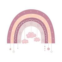 Hand drawn rainbow with decorations. Scandinavian rainbow. Cute decoration in pastel colors. Vector illustration