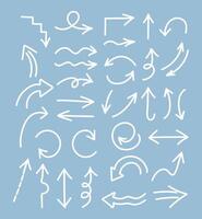 Simple hand drawn arrows collection. Arrows with different shapes, dotted arrows. White arrows on blue background. Vector illustration