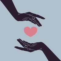 Heart between human hands. Hands holding a heart. Symbolizing love, care and charity. Vector illustration