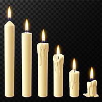 realista ardiente vela. cera velas reflujo etapas, fiesta Navidad o Iglesia ardiente mecha velas vector aislado realista íconos conjunto