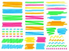 Highlight marker lines. Colorful doodle highlight marker lines, yellow markers stripes, pink line highlight marker sketch vector illustration set