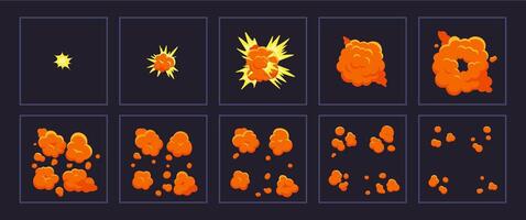 Cartoon motion explosions. Animated explosion shot, explode fire frames. Exploding effect frames vector illustration set