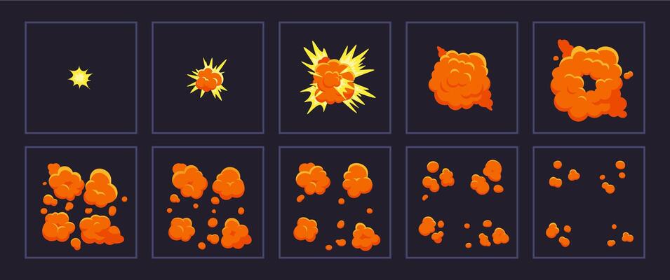 Cartoon motion explosions. Animated explosion shot, explode fire frames. Exploding effect frames vector illustration set