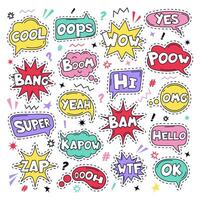 Text patch stickers. Speech comic funny text patch stickers, Cool, Bang and Wow doodle comical speech clouds, thinking bubbles and comics words vector illustration icon set