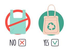 el plastico y eco bolsas. contaminación polietileno problema, decir No a el plastico bolsas, detener utilizando celofán bolsa. No el plastico concepto vector ilustraciones