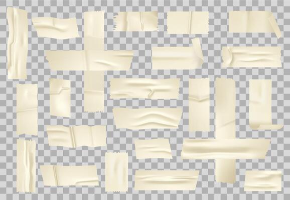 Adhesive paper tape. Sticky piece of papers, glue stick tapes and taped stripes isolated vector set