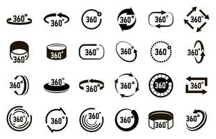 Symbol 360 degrees. Angle 360 degree circle signs, panorama arrows circular elements, circle 360 degrees vector illustration icons set