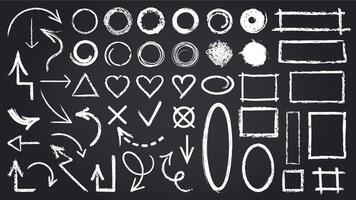 Sketch chalk elements. Sketch chalkboard elements, hand drawn graphic arrows, frames, round and rectangle shapes isolated vector icons set