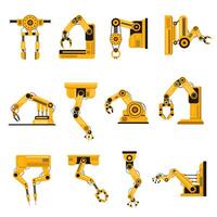 Manufacturing robots arms. Automation equipment, factory robots arm tools, manufacture mechanical science equipment hand vector illustration set