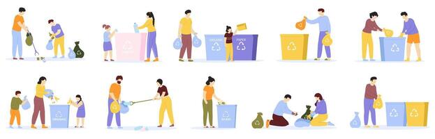 People waste sorting. Family with kids sorting recycling garbage, household activity, cleaning environment. Waste sorting vector illustration set