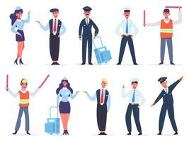 Aviation crew. Avia company workers team, captain, pilots, air hostess and crossing guard. Flight aviation aircraft command vector illustrations