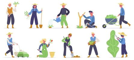 Gardening characters. Farm workers, gardeners planting, watering and gathering agriculture plants and greens. Gardener work vector illustrations