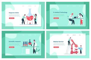 Laboratory scientist research. Science chemistry lab researchers in lab coats, working clinic scientists concept vector landing page template