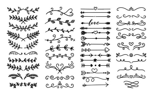 Flourish sketch ornament divider. Floral ornamental doodle dividers, vintage hand drawn tribal arrow and calligraphic decor border vector set. Decorative branches and elegant curls