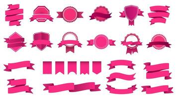 Ribbon banner badges. Frame with tape, abstract decorative shape badge and curved ribbons flat vector set. Collection of pink labels and stamps. Objects with banderole and pennants