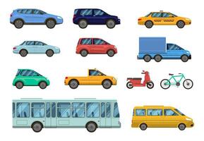 Transportation vehicle. Public cars, taxi, city bus and motorcycle. Road urban transport, car collection vector isolated set