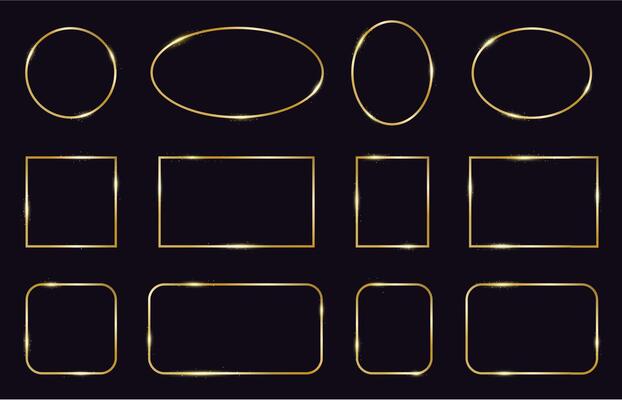 Golden frames. Modern gold geometric frames, elegant gold glowing borders. Decorative, modern lines frame vector isolated icons set