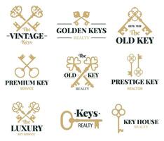 Old keys emblems. Vintage door keys labels, real estate agency or key service vector symbols set. Retro keys company logos