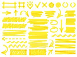 Hand drawn marker strokes. Yellow marker stroke lines, markers stripes and highlight elements, permanent marker signs vector illustration set