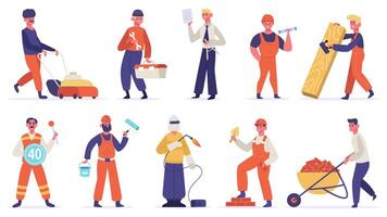 Construction engineer characters. Builders, construction worker people, technician workers in uniform. Labor group workers vector illustration set