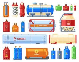 Dangerous gas containers. Gas steel cylinder and tank, butane, oxygen or helium metal containers, flammable gas cylinders vector illustration set