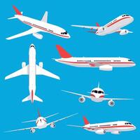 Aircraft transport. Passenger flight jet airplane, aviation vehicles, flying airline airplanes isolated vector illustration icons set