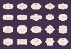 Retro elegant labels. Vintage ornamental shapes, royal label decorative frames, and premium wedding design tag labels vector isolated icon set