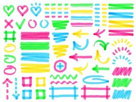 Highlight markers. Colorful marker strokes, yellow highlights arrows, frames and check marks, green hand drawn symbols vector illustration set