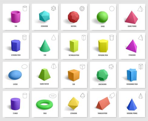 Realistic 3d geometric shapes. Basic geometry prism, cube, cylinder figures, geometric polygon and hexagon shapes vector illustration icons set