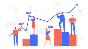 People work with chart data. Office workers statistics, business diagram and team work with chart flat vector illustrations. Business forecast with rising graph. Employee cooperation