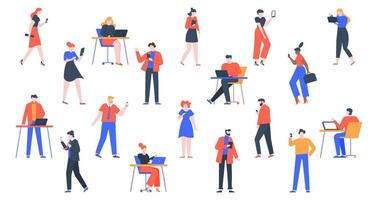 People with devices. Men and women use laptop, tablet and smartphones, characters with internet devices equipment, holding and using digital gadgets vector illustration set