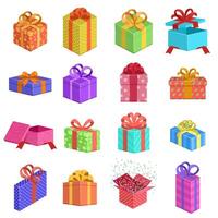 regalo cajas cumpleaños presente caja, Boda o Navidad Días festivos regalo cajas, saludo sorpresa regalos con cintas aislado vector ilustración conjunto