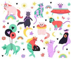 Funny cartoon cats. Kitty mermaid, unicorn, superhero, astronaut and alien characters, colorful cute fairy cats isolated illustration icons set vector