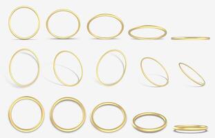 Realistic golden 3D ring. Gold decorative geometric round rings, 3d yellow gold metallic rings vector illustration icons set