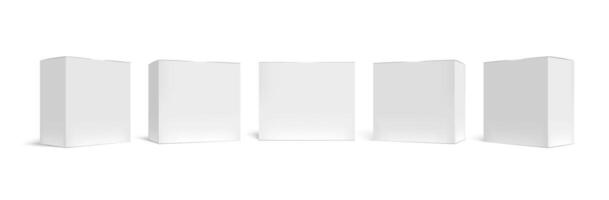 realista embalaje caja. blanco cartulina cajas Bosquejo, médico caso y horizontal rectangular paquete 3d vector modelo colocar. cerrado cuadrado paquetes blanco caja de cartón contenedores aislado en blanco fondo