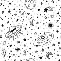 Space hand drawn pattern. Seamless doodle space planets and stars pattern, sketch celestial bodies doodles. Galaxy elements vector background