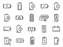 Powered charge icon. Battery charging, smartphone power level, electric charge station and recycle line art elements for UI design vector isolated icons set. Contour pictograms. Battery life indicator