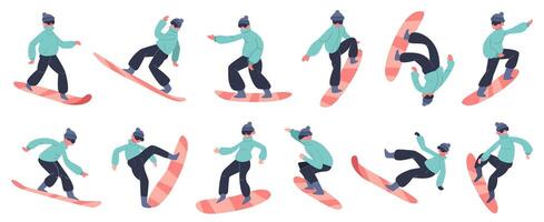 Snowboard character. Young male snowboarder jump on mountain, winter extreme snow activity, fitness snowboard rider vector illustration icons set